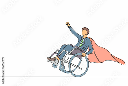 Single continuous line drawing happy disabled businessman in cloak suit pretend to be superhero, raising hands up. Be happy and strong despite life's difficulties. One line draw graphic design vector