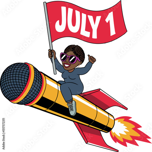 Cartoon Illustration of Person Riding a Microphone Rocket with Flag