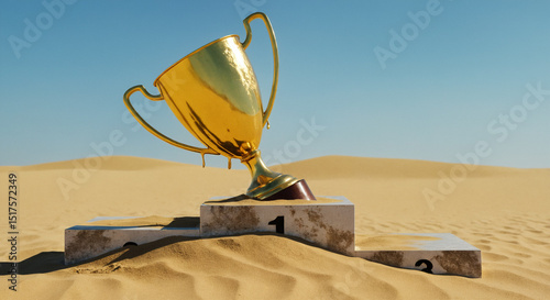 Trophy melting into sand on empty podium in desert under hot sun - impermanence of success