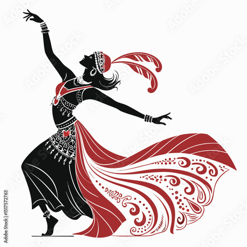 A graceful Arabian dancer, in traditional costume, poses against a stark white background.  The image showcases intricate details of the attire and the dancer's elegant posture.