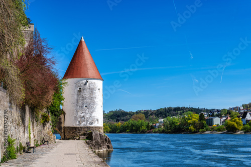 Fototapeta Naklejka Na Ścianę i Meble -  Schaiblingsturm at Innkai in Passau, Germany. Formerly a defensive tower, it was later used as salt storage