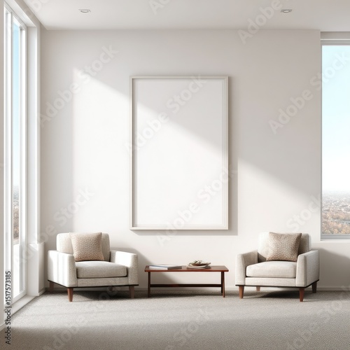 Modern minimalist living room with blank framed art (1)