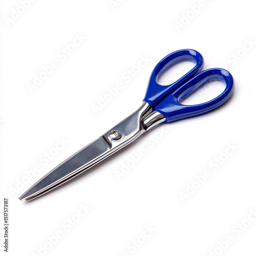 A pair of stainless steel scissors with blue handle