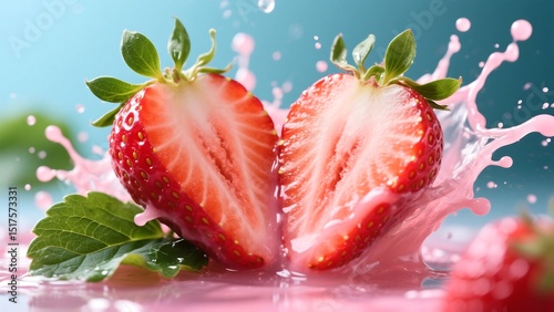 Vibrant Halved Strawberry with Pink Juice Splash and Green Leaves – Fresh and Dynamic Fruit Visual