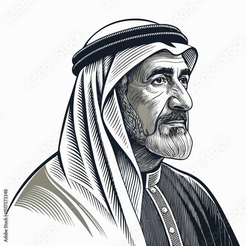 Illustrate a wise, elderly Arabian man with a thoughtful expression, isolated on a white background.  His attire should reflect traditional Arabian clothing.