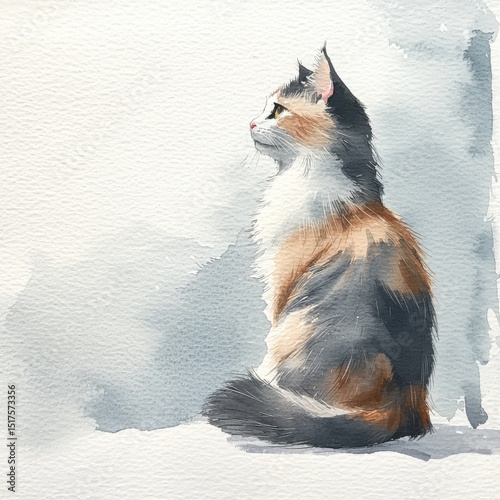 Beautiful multicolored long-haired cat sitting in profile looking calmly to the left against a soft watercolor background in a serene and peaceful domestic setting