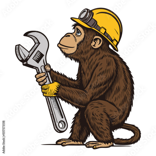 A mischievous monkey, dressed in MotoGP mechanic attire, grips a wrench and holds a racing helmet.  Humorous digital painting.