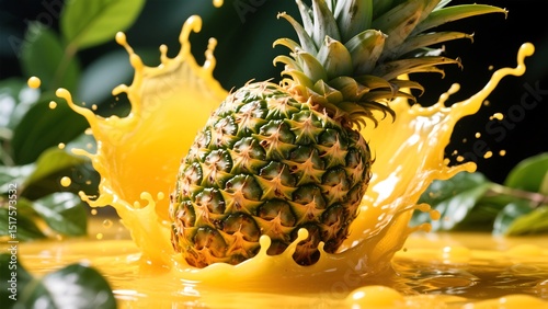 Whole Pineapple with Top Removed and Burst of Yellow Juice with Green Leaves – Vibrant Tropical Fruit Explosion