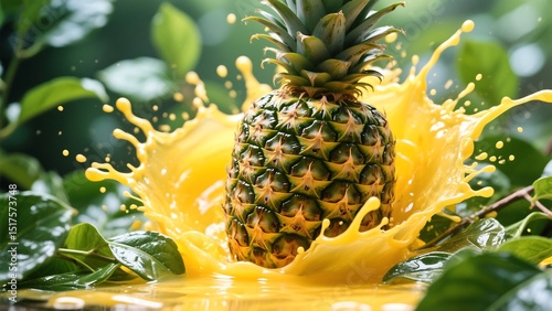 Whole Pineapple with Top Removed Surrounded by Burst of Yellow Juice and Green Leaves – Fresh Tropical Explosion