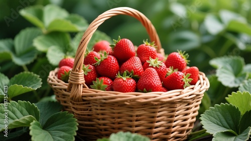 Wicker Basket Overflowing with Bright Red Strawberries and Green Leaves – Lush and Inviting Scene