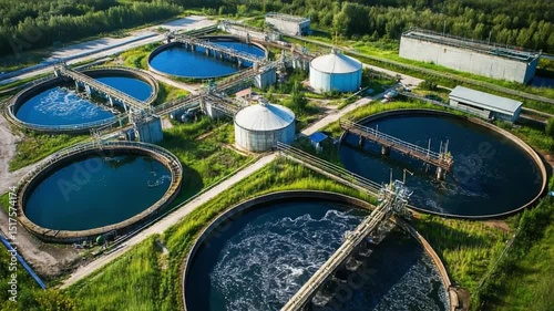 Water Treatment Plant: A top-down view showcases a modern water treatment plant with multiple circular basins, showcasing the essential processes of water purification