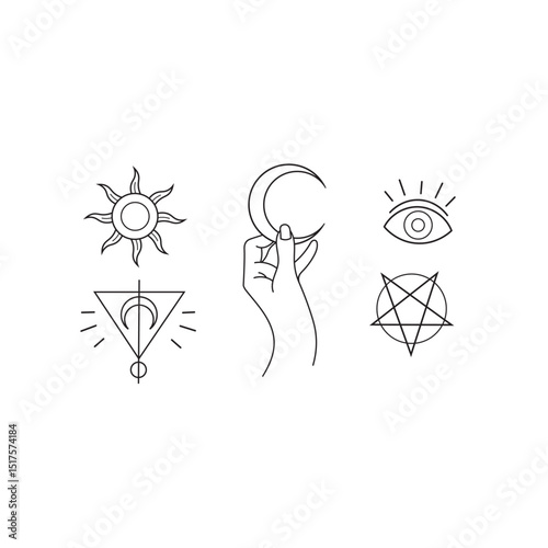 Mystic Symbols Line Art With Hand Holding Moon – Esoteric Tarot Magic Sun Eye Geometric Vector Set