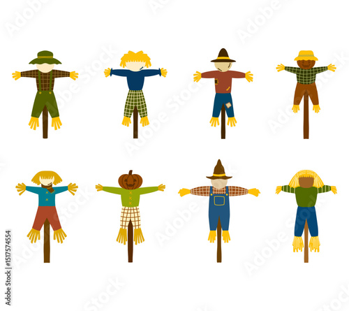 A playful and detailed illustration set of farm scarecrow decorations, featuring various styles with hats, and straw outfits, ideal for seasonal designs, agricultural themes, and countryside scenes.
