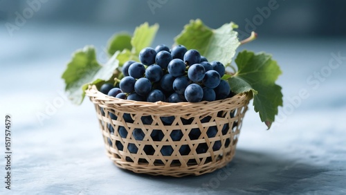 Woven Basket Brimming with Fresh Dark Blue Grapes and Green Leaves – Natural and Refreshing