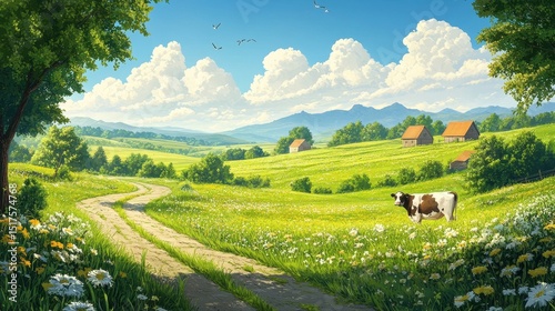 Idyllic rural landscape with country road and grazing cow under blue sky