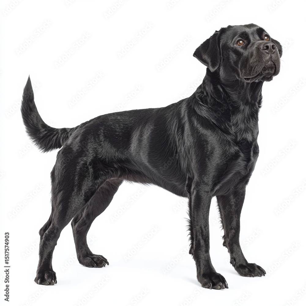 Obraz premium Full-body image of a black dog standing on a plain white background showcasing a muscular stance and alert expression, high detail and clear focus