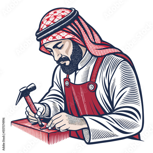 A highly detailed illustration of an Arabian goldsmith meticulously crafting jewelry, showcasing traditional attire and tools. Isolated on white background.