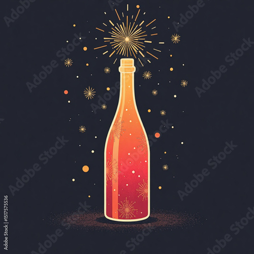 Festive illustration of a champagne bottle with fireworks and sparkling effects