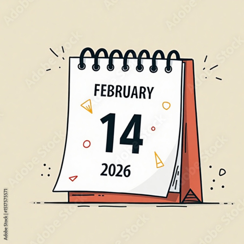 Illustration of a calendar page for February 14, 2026, with festive design elements