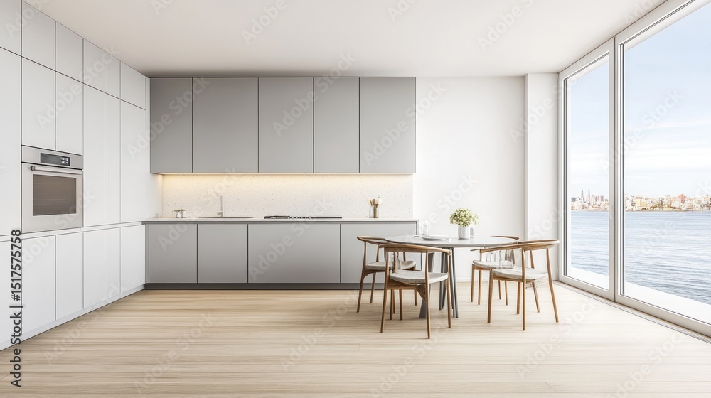 Fototapeta premium Modern, light-filled kitchen with city views.