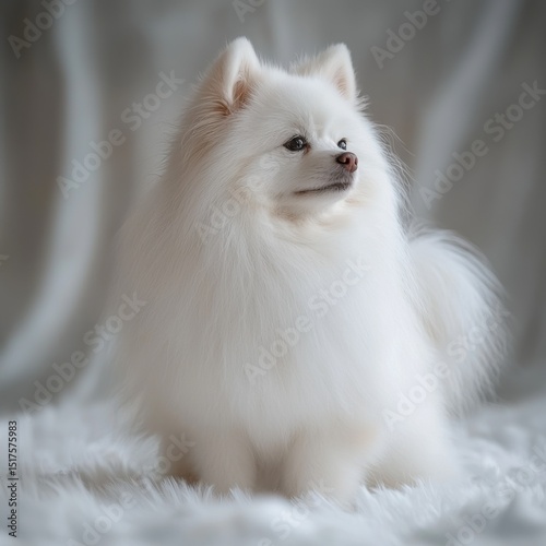 Elegant white fluffy dog sitting on a soft white fur rug with a blurred light gray background in a professional studio setting, showcasing purity beauty and friendly temperament