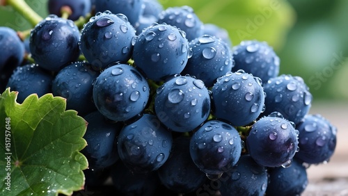 Cluster of Ripe Dark Blue Grapes with Glistening Water Droplets and Green Leaf – Fresh and Juicy Close-Up