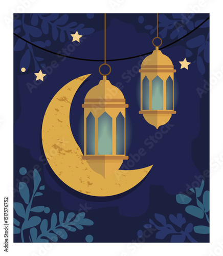 Elegant Ramadan Kareem Illustration with Crescent Moon and Lanterns-01