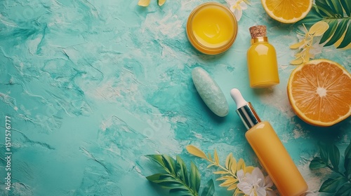 Citrus skincare arrangement with essential oils and fresh oranges on turquoise background