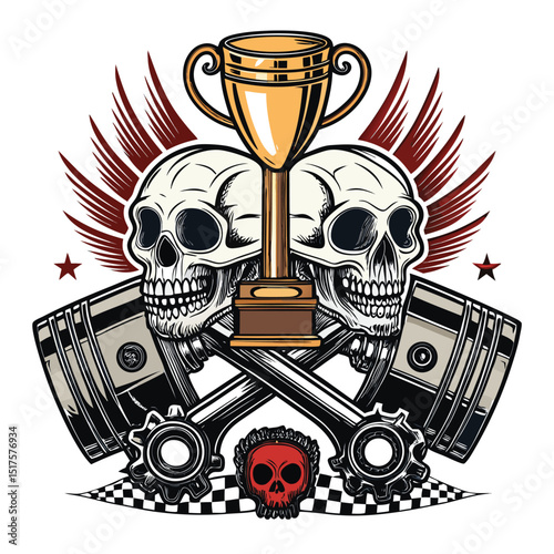 A gleaming MotoGP trophy, centerpiece amidst a chaotic arrangement of human skulls and engine pistons, creating a darkly dramatic still life.