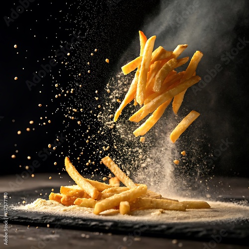Golden French Fries Suspended in Air with Flavor Dust Explosion – Dramatic Food Photography on dark Background