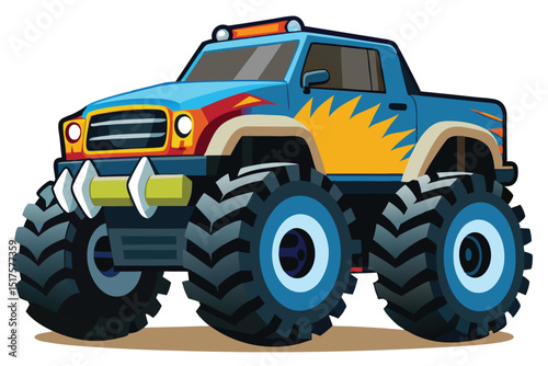 Cartoon Monster Truck with Big Tires and Colorful Design Illustration