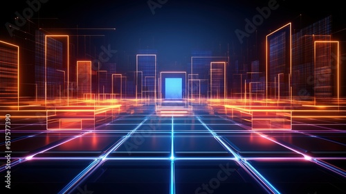 Virtual city with neon lights, futuristic architecture, and glowing pathways in a digital landscape