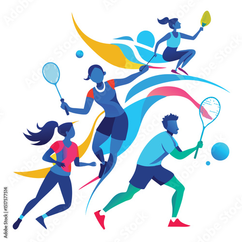 Sporty vector silhouettes of a man and woman tennis player in action with a ball, illustrating a dynamic team competition