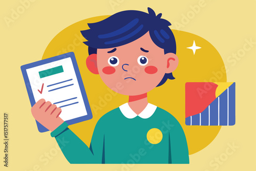 Sad Boy with Completed Checklist and Failing Graph in Flat Illustration