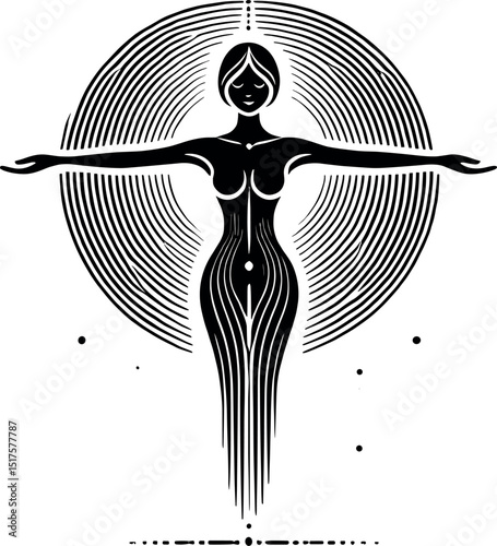 Stylized black and white artwork in a modern line-art style, featuring a woman in a breath flow outline pose with arms outstretched and legs together, radiating calm energy.
