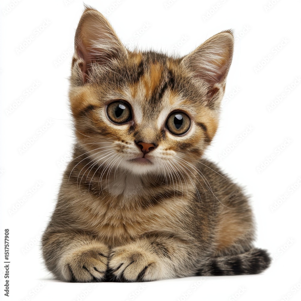 Obraz premium Adorable young tabby kitten with striking large eyes and soft fur, sitting calmly on a white background, showcasing curiosity and playful innocence in close-up