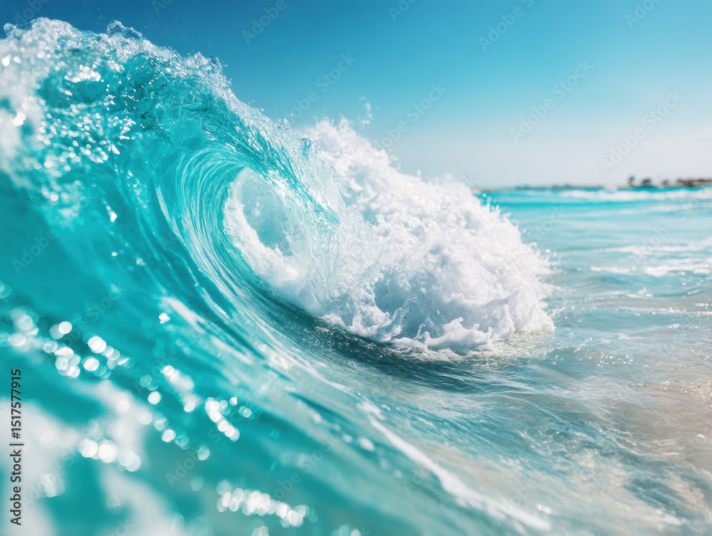 Fototapeta premium Stunning turquoise wave crashing on a serene beach at midday