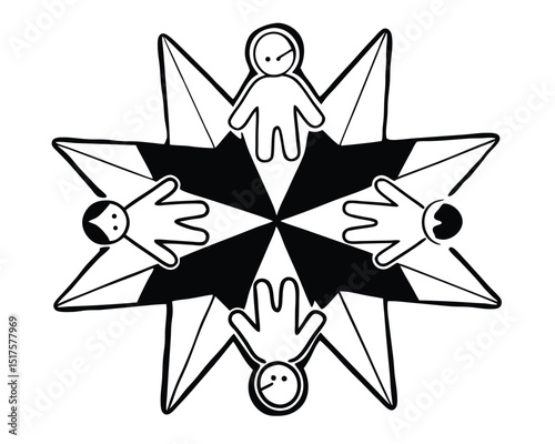 Abstract black and white starburst design with interconnected figures.