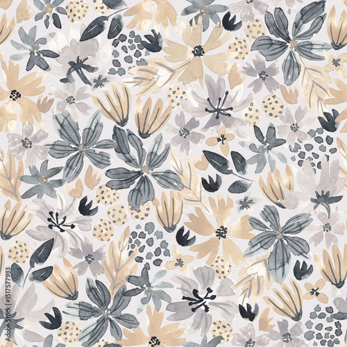 Fototapeta Naklejka Na Ścianę i Meble -  Abstract floral repeat print. Hand drawn meadow flowers seamless pattern. Watercolor wild flowers digital paper. Floral seamless tile for textile, fabric, clothing