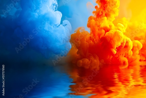 Abstract colorful smoke over water reflection