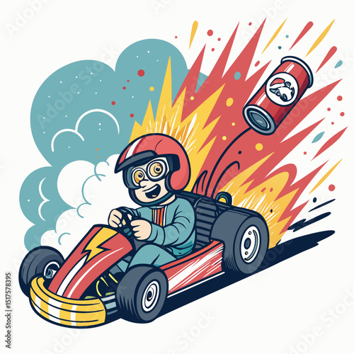 Cartoon racer vector art, vibrant colors,  a nitro can exploding dramatically behind them, showcasing speed and power.