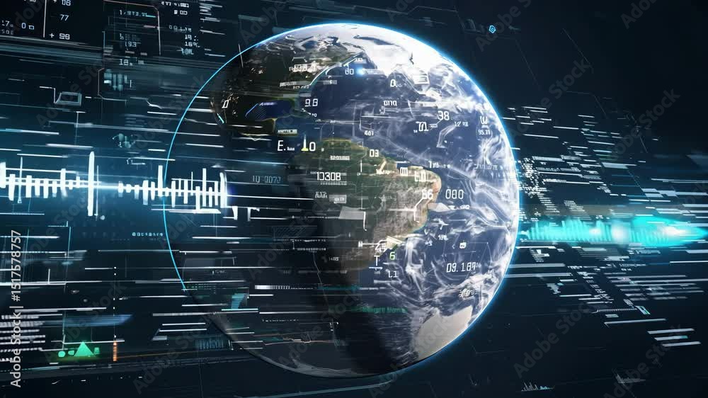 Global digital connectivity visualizing earth rotating in space with advanced hud interface processing technological data and network information