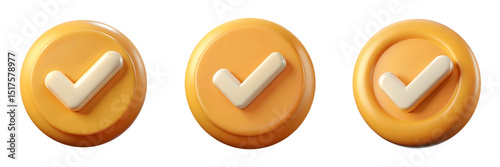 Set For Three yellow check mark icons in 3d render isolated on transparent background