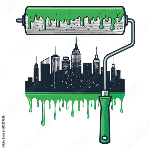 A surreal image of a paint roller dripping vibrant green acid onto a futuristic cityscape skyline at sunset.  Emphasis on dripping texture and toxic glow.