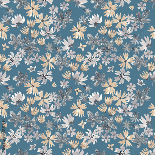 Fototapeta Naklejka Na Ścianę i Meble -  Abstract floral repeat print. Hand drawn flowers seamless pattern. Watercolor meadow flowers digital paper. Floral seamless tile for textile, fabric, clothing