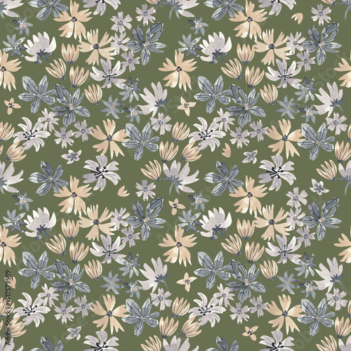 Fototapeta Naklejka Na Ścianę i Meble -  Abstract floral repeat print. Hand drawn flowers seamless pattern. Watercolor meadow flowers digital paper. Floral seamless tile for textile, fabric, clothing