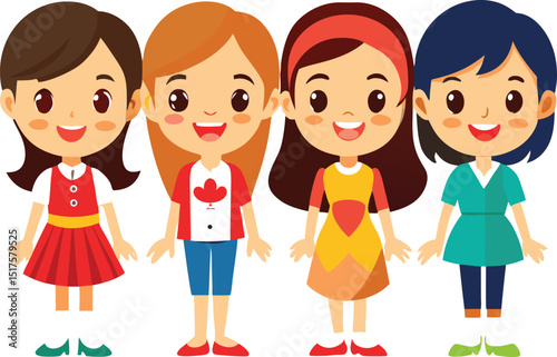 Diverse group of cheerful cartoon children and adults having fun together