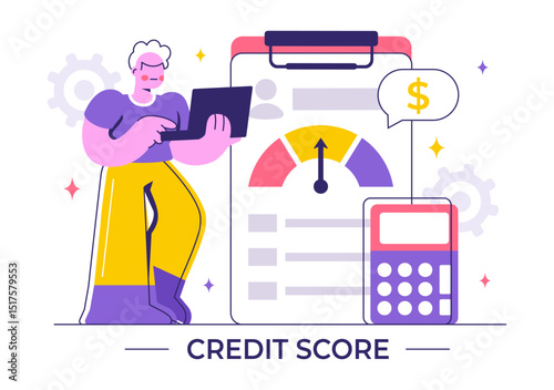 Credit Score Vector Illustration with a Loan Arrow Gauge Speedometer Indicator Displaying Ratings from Poor to Good in a Flat Style Background