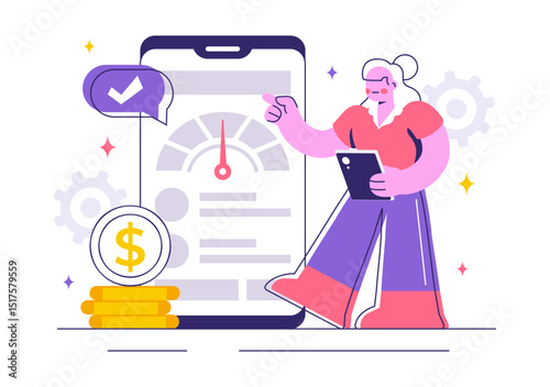 Credit Score Vector Illustration with a Loan Arrow Gauge Speedometer Indicator Displaying Ratings from Poor to Good in a Flat Style Background