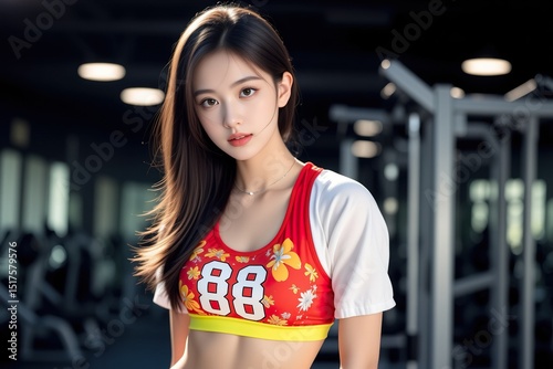 A beautiful young woman poses slightly sideways in a sports hall under professional lighting. She wears a red-yellow two-piece outfit that highlights her toned body, curves, and glowing skin